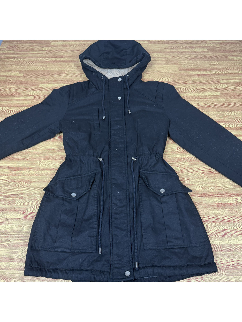 Collection B Womens Utility Jacket Medium Black Hooded Sherpa Lined Anorak
